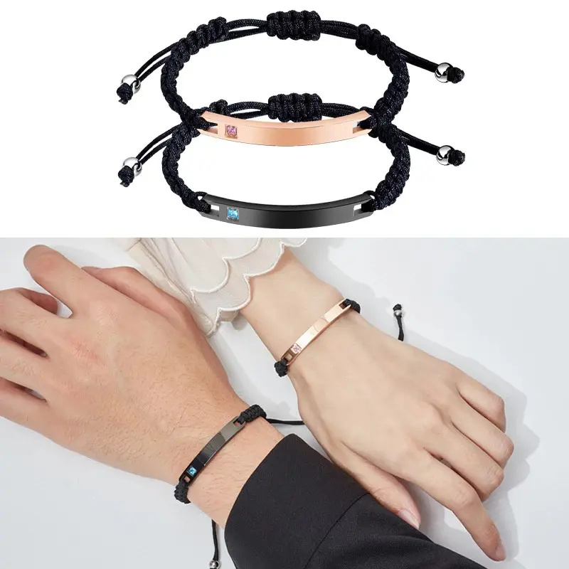 OLEVS Gelang Couple Hitam Titanium Pria Wanita Anti Karat Aksesoris Fashion Perhiasan Adjustable Tali Panjang Yang Dapat Diubah